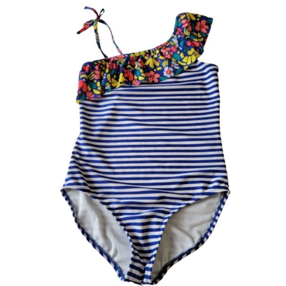 Cat & Jack Girls One Piece Swimsuit Size L 10-12 Floral Ruffle Blue White Stripe - Picture 8 of 10